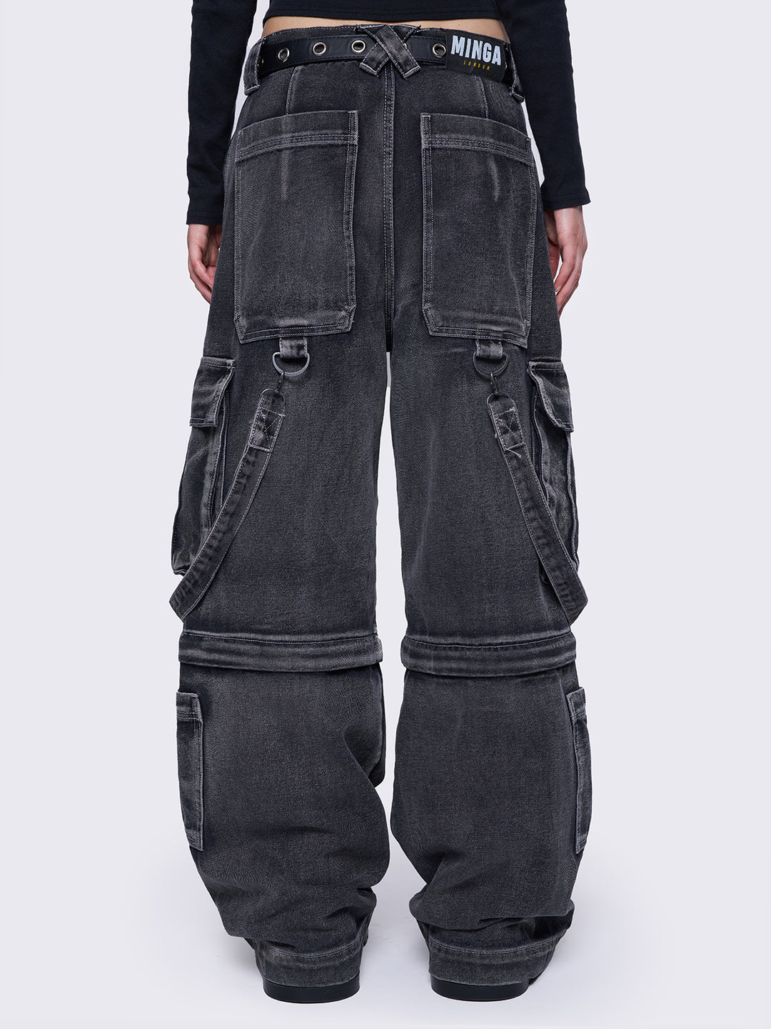 Grey Multi-Pocket Convertible Cargo Jeans – Wide Leg | Minga