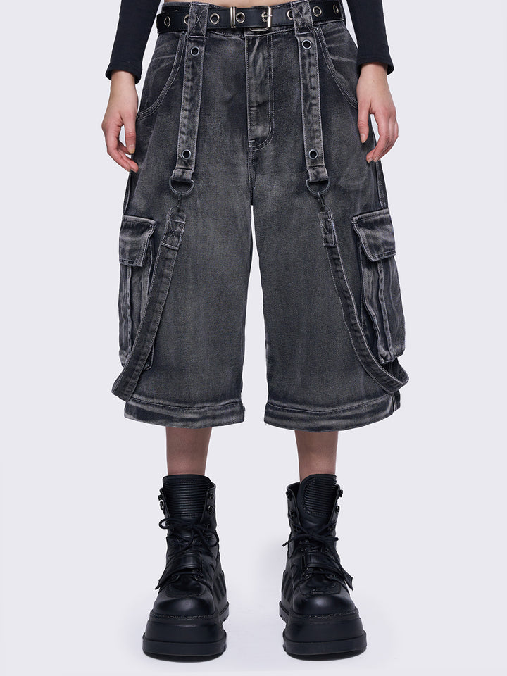 Grey Multi-Pocket Convertible Cargo Jeans – Wide Leg | Minga