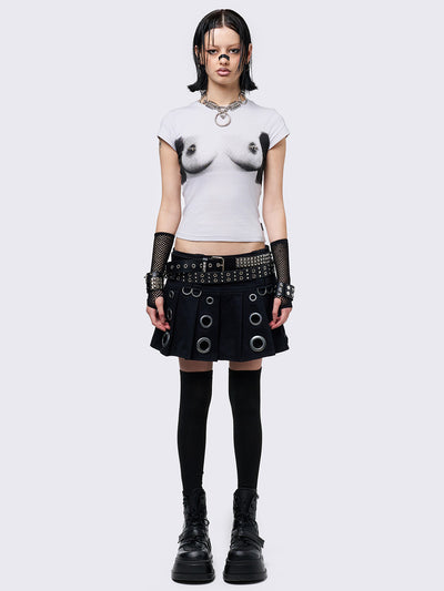 Off-white graphic baby tee with boobs print and nipple piercing details.