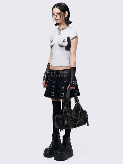 Off-white graphic baby tee with boobs print and nipple piercing details.