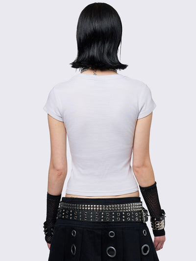 Off-white graphic baby tee with boobs print and nipple piercing details.