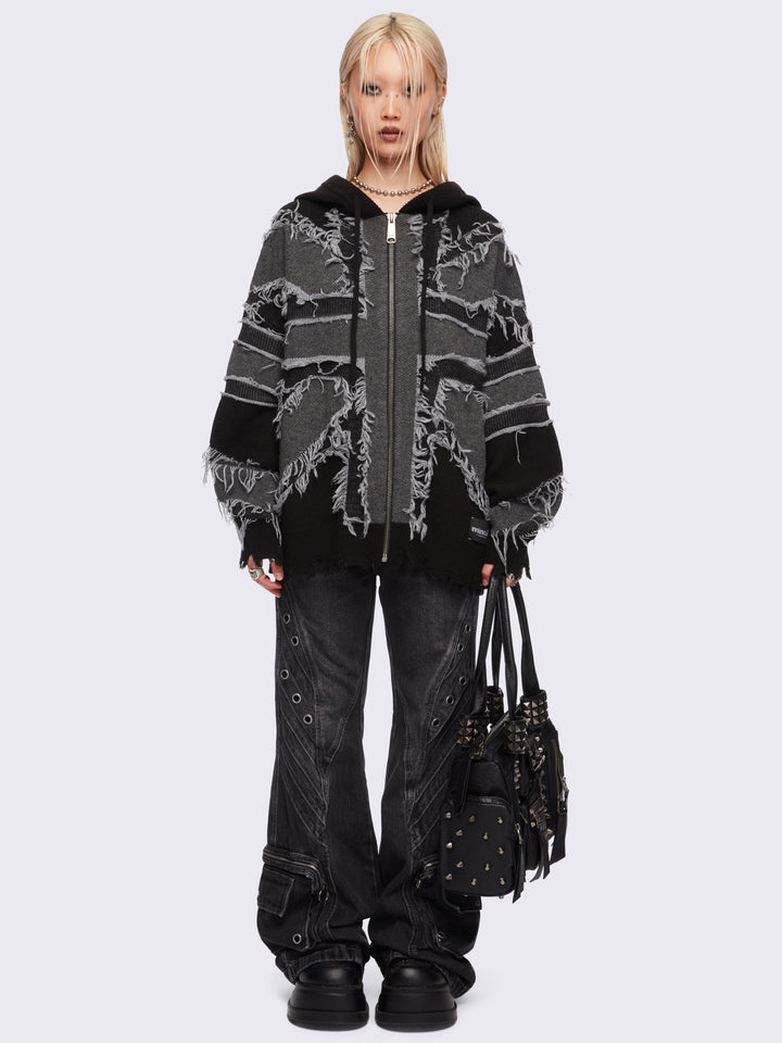 Union Jack Black and Grey Knitted Zip-Up Hoodie | Minga London