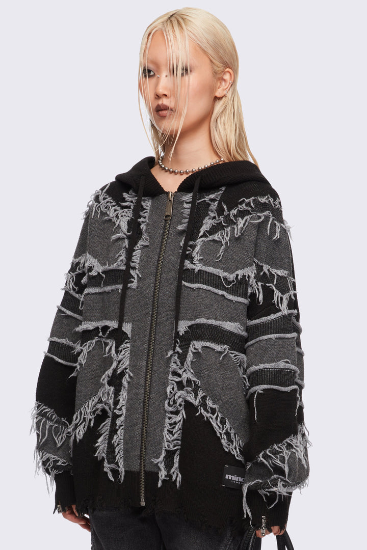 Union Jack Black and Grey Knitted Zip-Up Hoodie | Minga London
