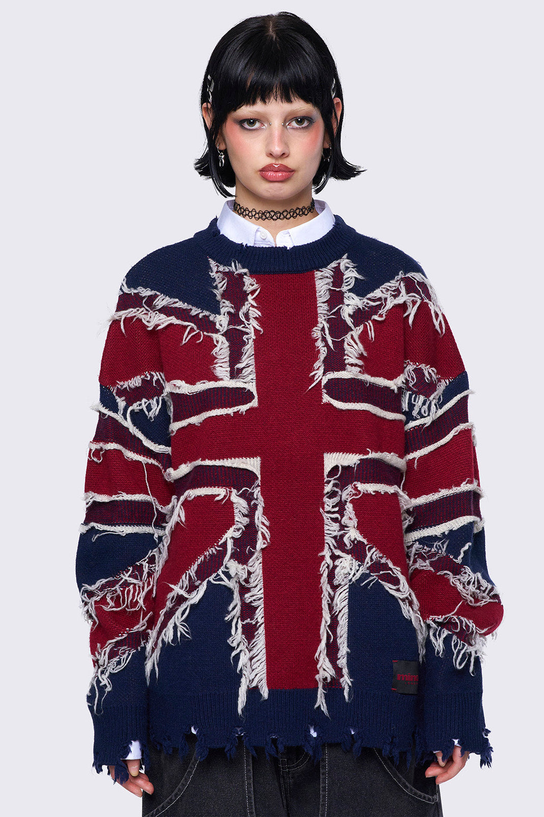 Knitted sweater with frayed uk flag and distressed details