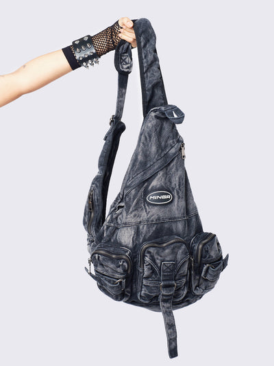 Washed Black Denim Multi Pocket Sling Bag