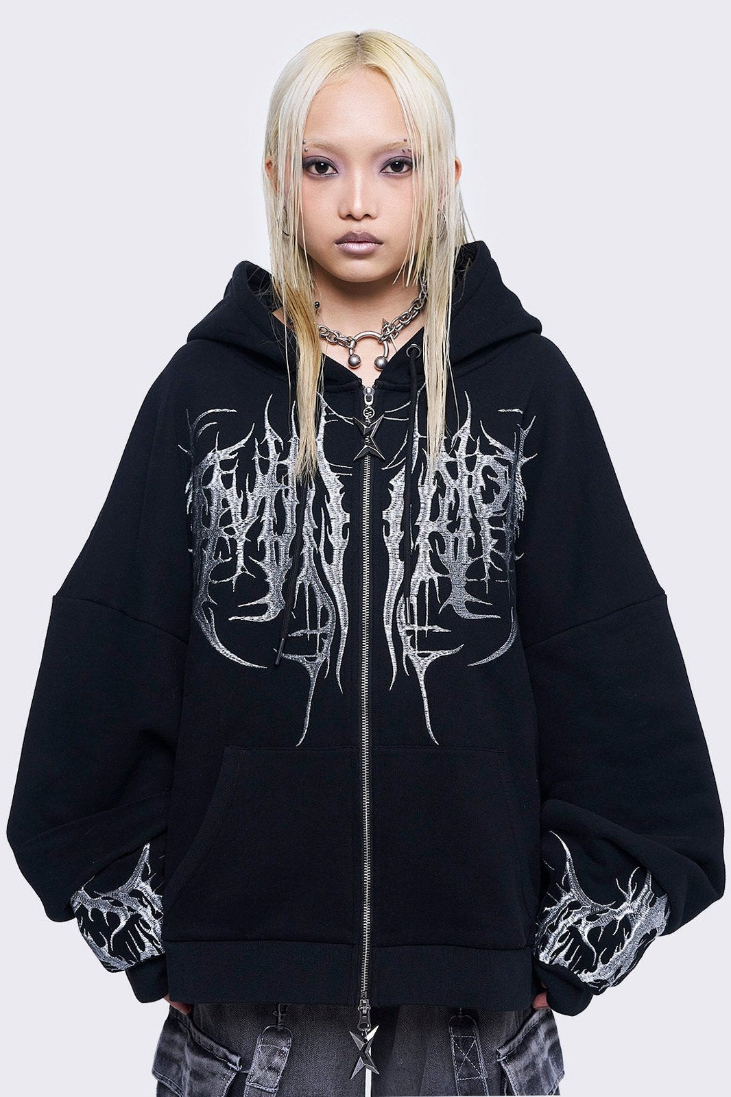 Black Zip-Up Hoodie with Sigil Embroidery | Minga London