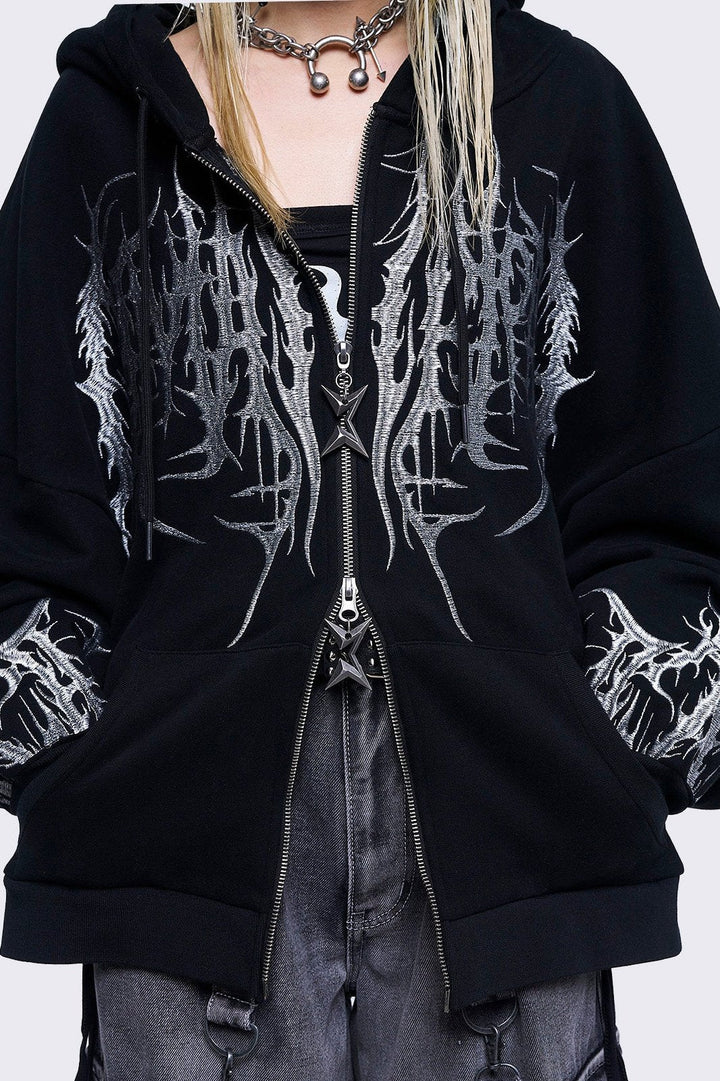 Black Zip-Up Hoodie with Sigil Embroidery | Minga London