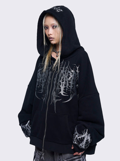 Black zip up hoodie jacket featuring a grey sigilism embroidery on front and sleeves and a oversized fit. 