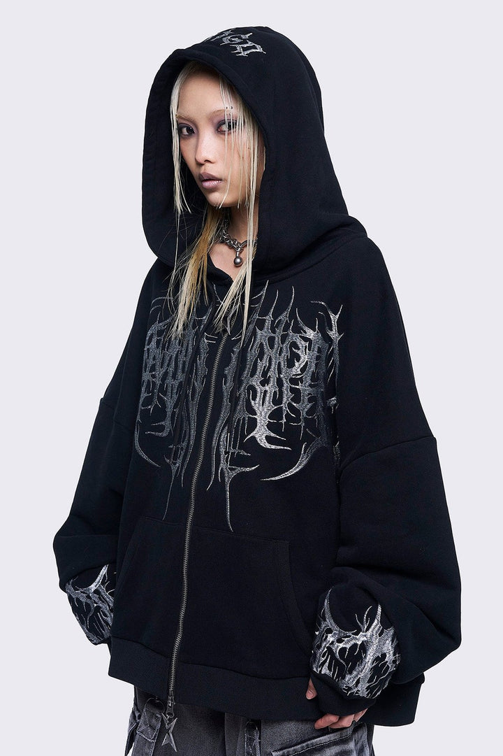 Black Zip-Up Hoodie with Sigil Embroidery | Minga London