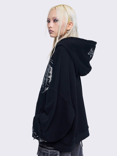 Black zip up hoodie jacket featuring a grey sigilism embroidery on front, sleeves and hood and a oversized fit. 