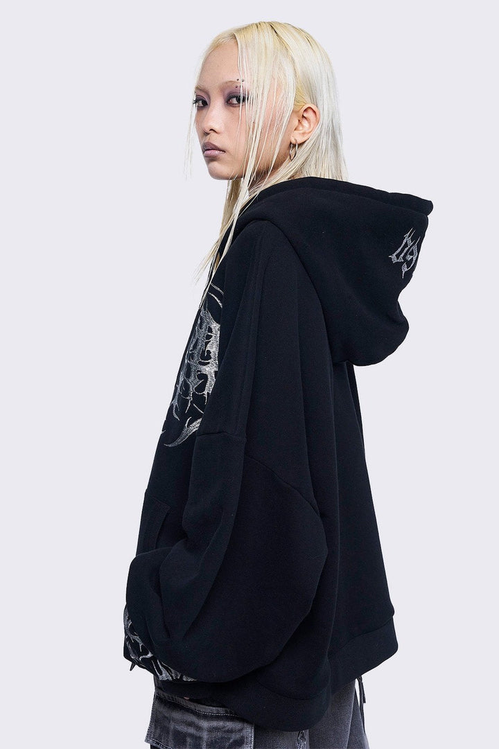 Black Zip-Up Hoodie with Sigil Embroidery | Minga London