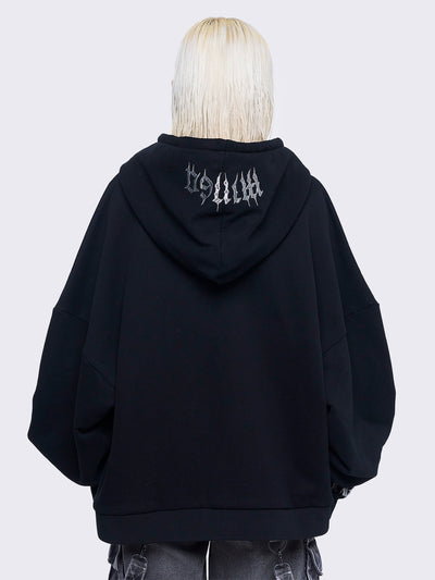 Black zip up hoodie jacket featuring a grey sigilism embroidery on front and sleeves and a oversized fit. 