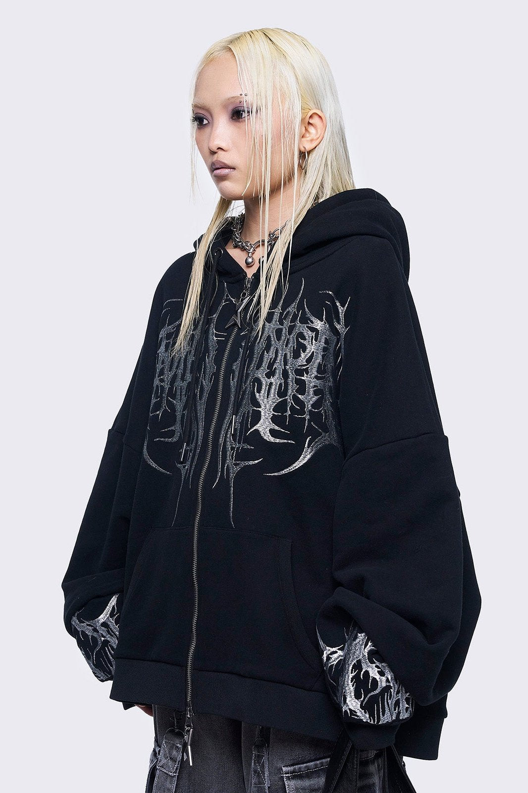Black Zip-Up Hoodie with Sigil Embroidery | Minga London