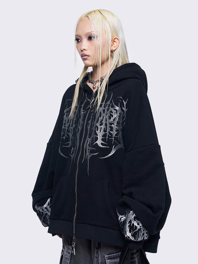 Black zip up hoodie jacket featuring a grey sigilism embroidery on front and sleeves and a oversized fit. 