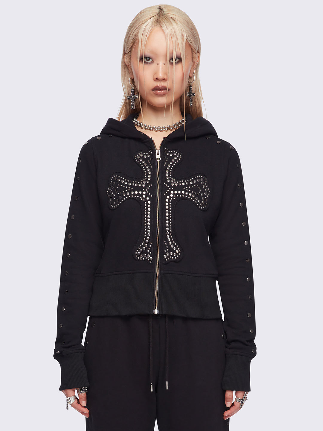 Studded Cross Zip-Up Hoodie in Black | Minga London
