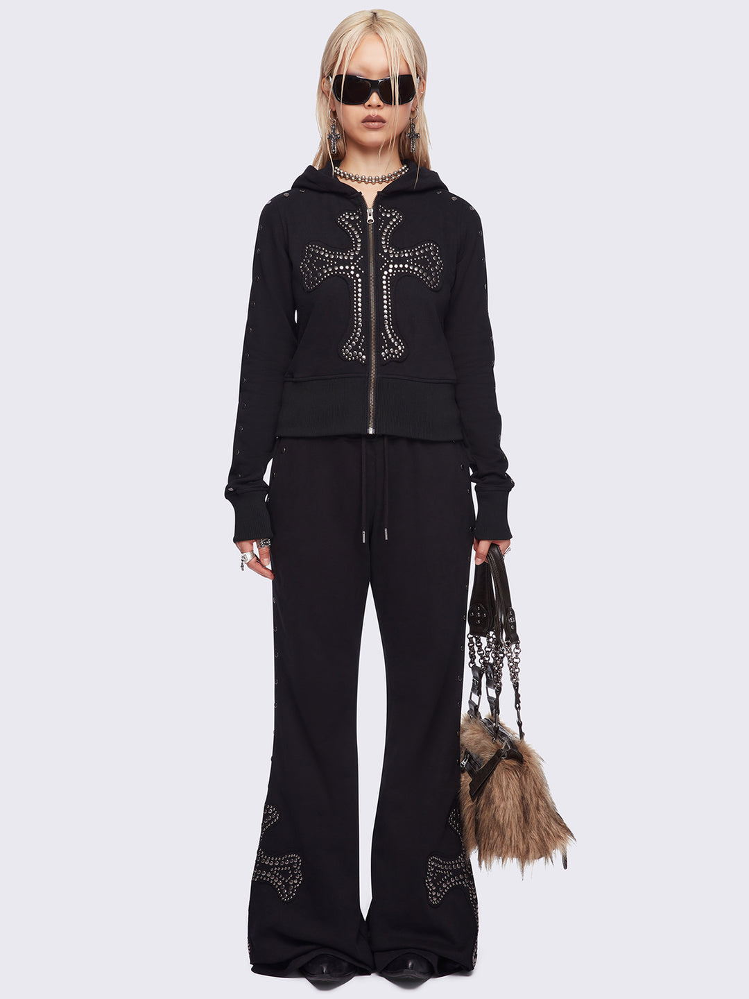 Studded Cross Zip-Up Hoodie in Black | Minga London