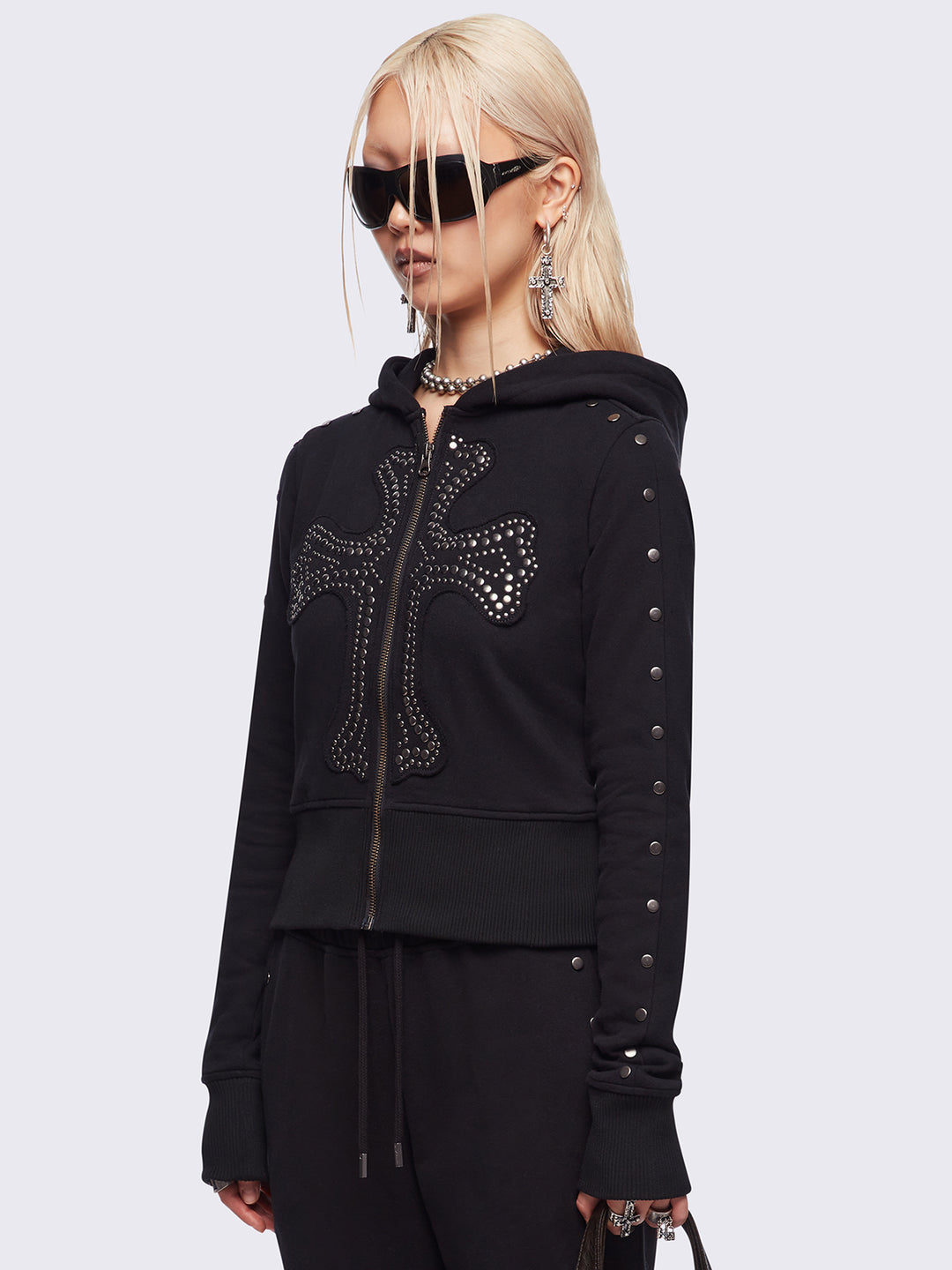 Studded Cross Zip-Up Hoodie in Black | Minga London