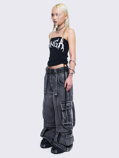 Black bandeau tube top with Minga front print and ruched tie side detail.