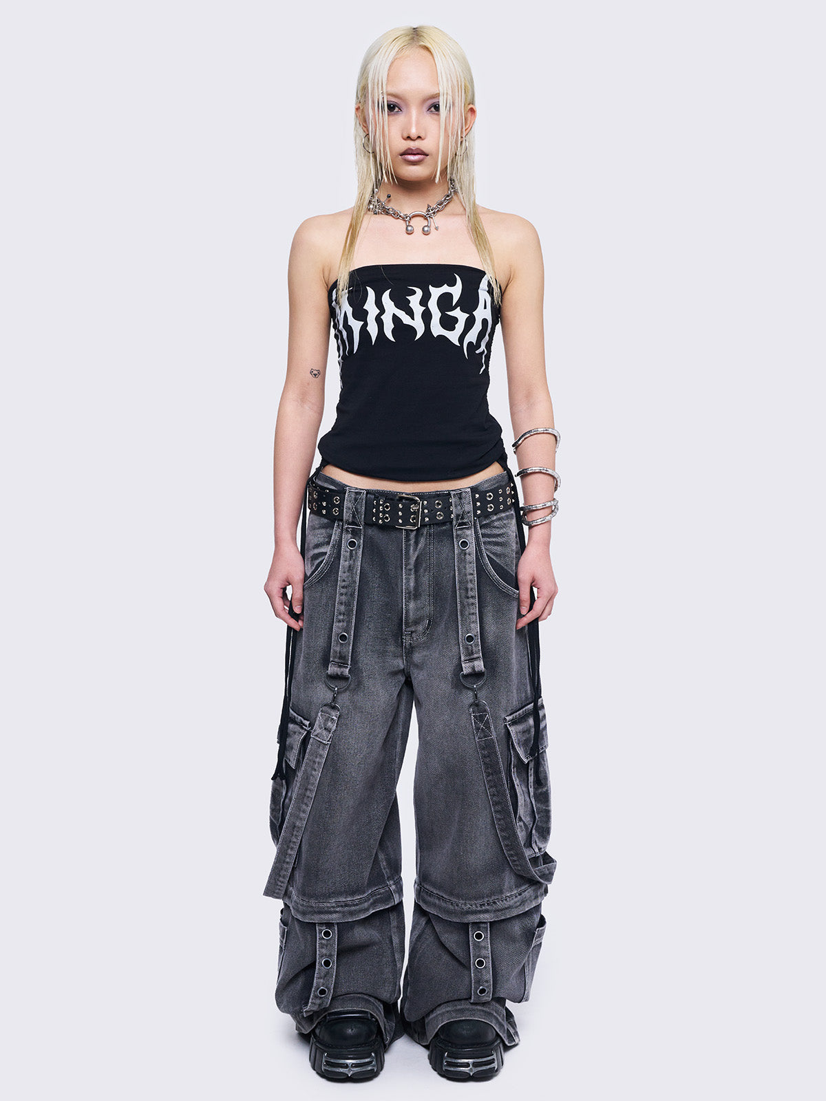 Black bandeau tube top with Minga front print and ruched tie side detail.