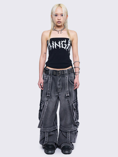 Black bandeau tube top with Minga front print and ruched tie side detail.