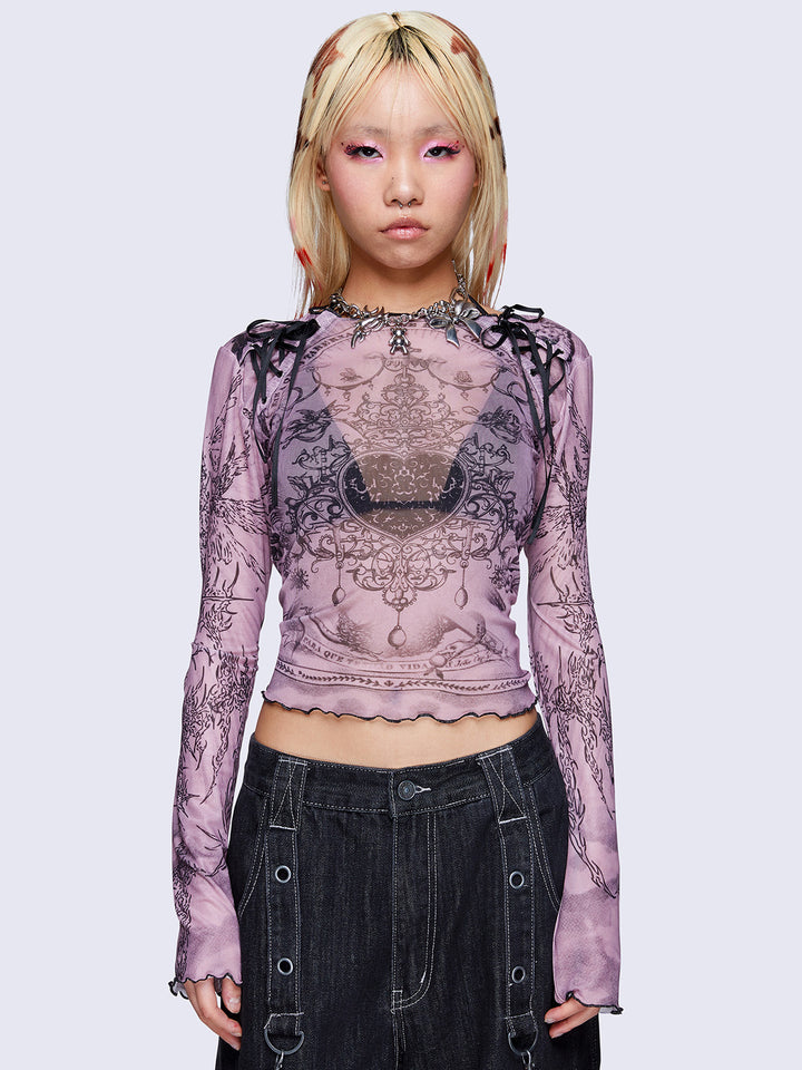 Pink Lace Up Graphic Mesh Top | Minga London