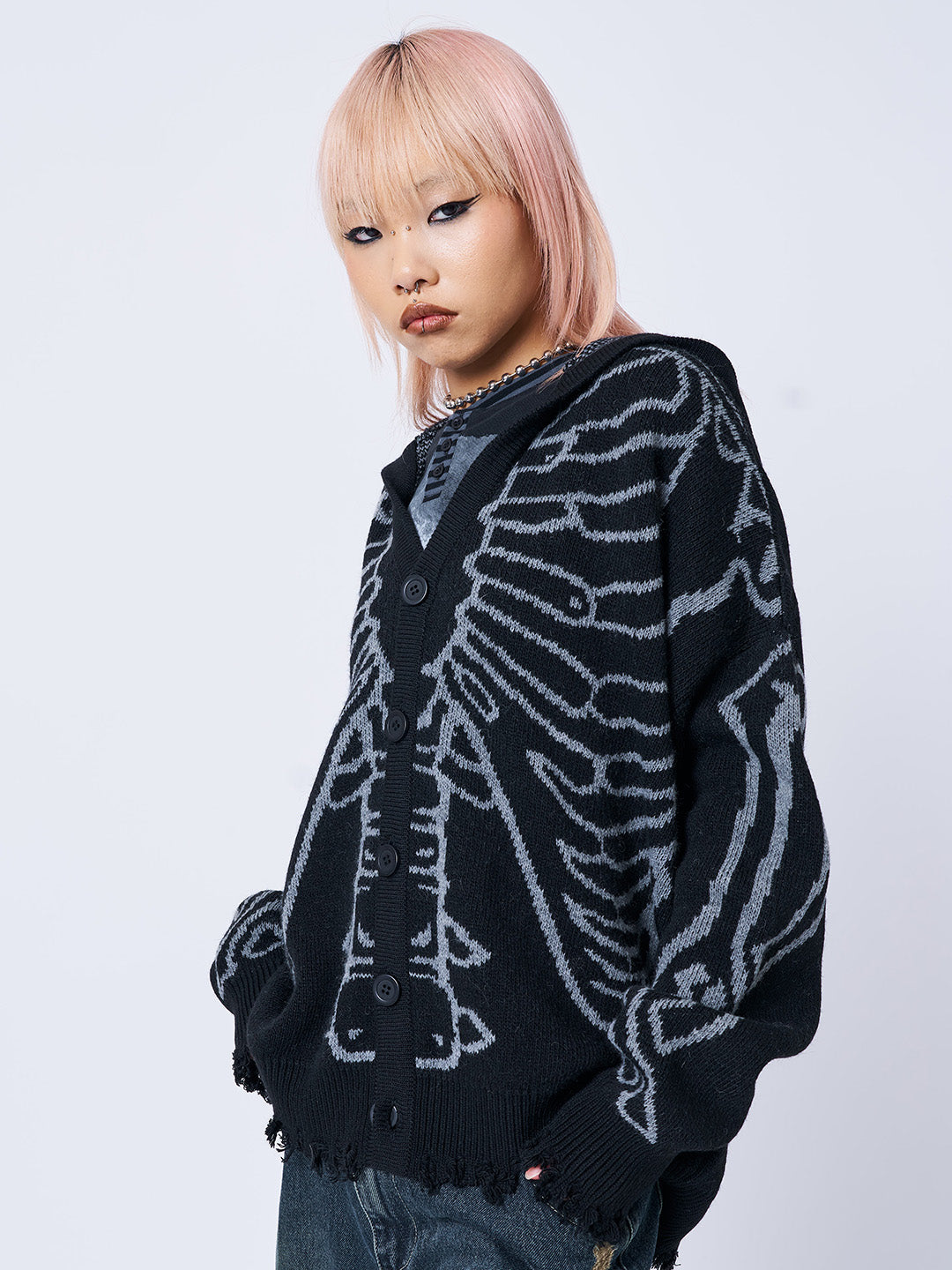 X-Ray Jacquard Black Hooded Knit Cardigan