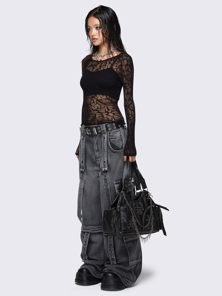 Black Vegan Shoulder Bag with Studded Cross, Spiked Chains