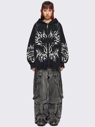 Black hooded chunky knit cardigan featuring white sigilism graphic design, contrast grey lace up details and distressed trims.