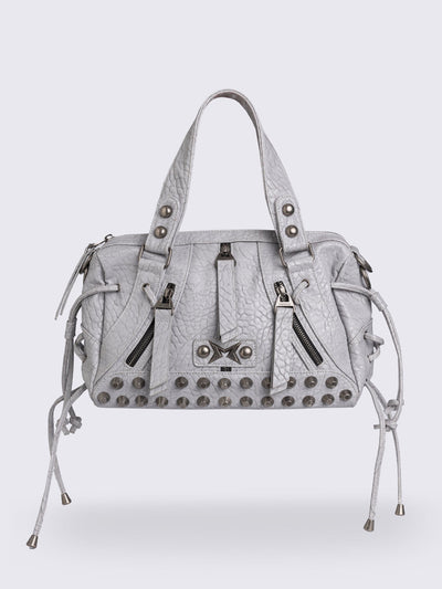 White faux leather shoulder bag with stud, lace up and metal hardware details