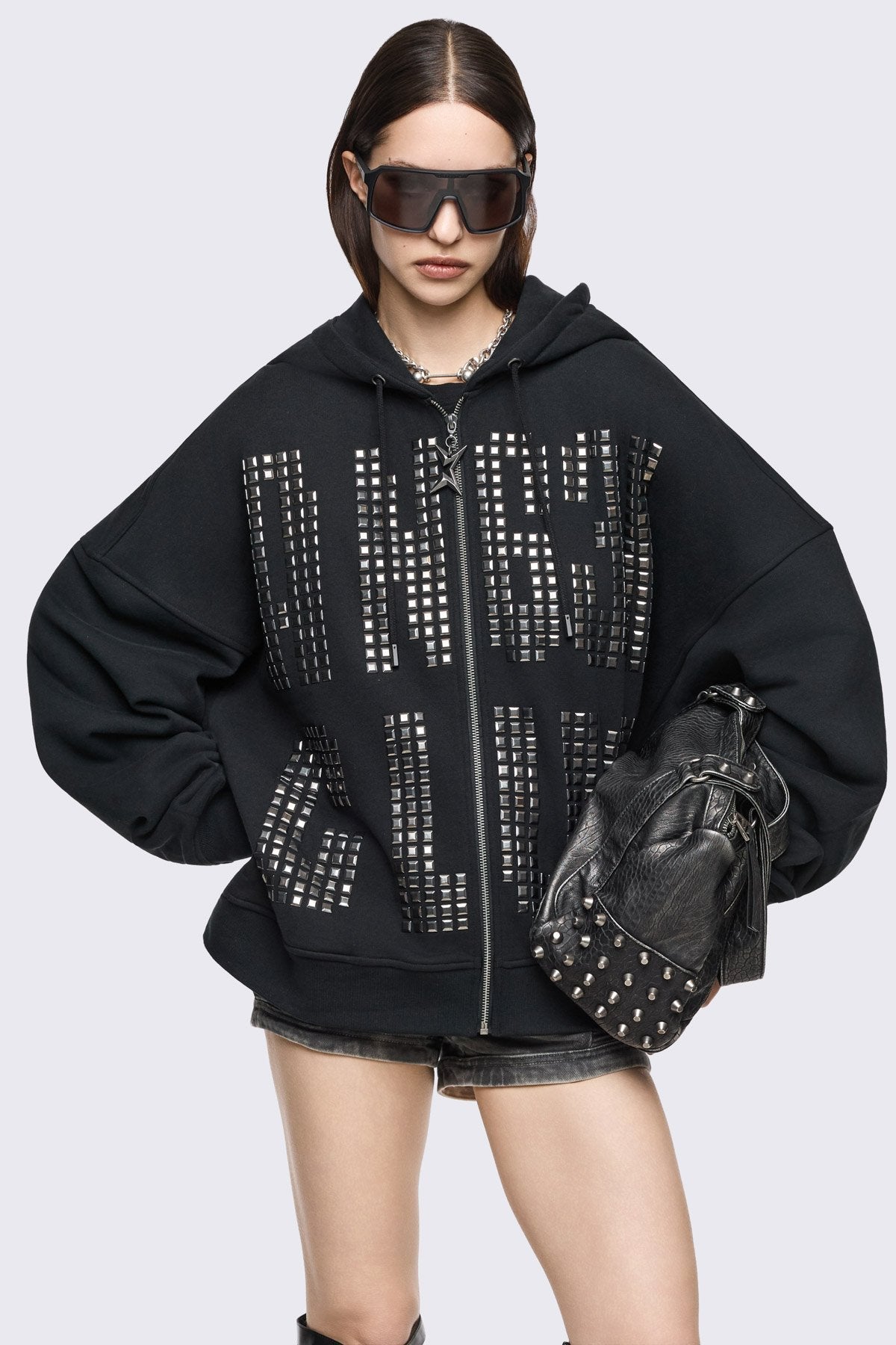 Black Zip Up Hoodie With Studded Angel Club | Minga London