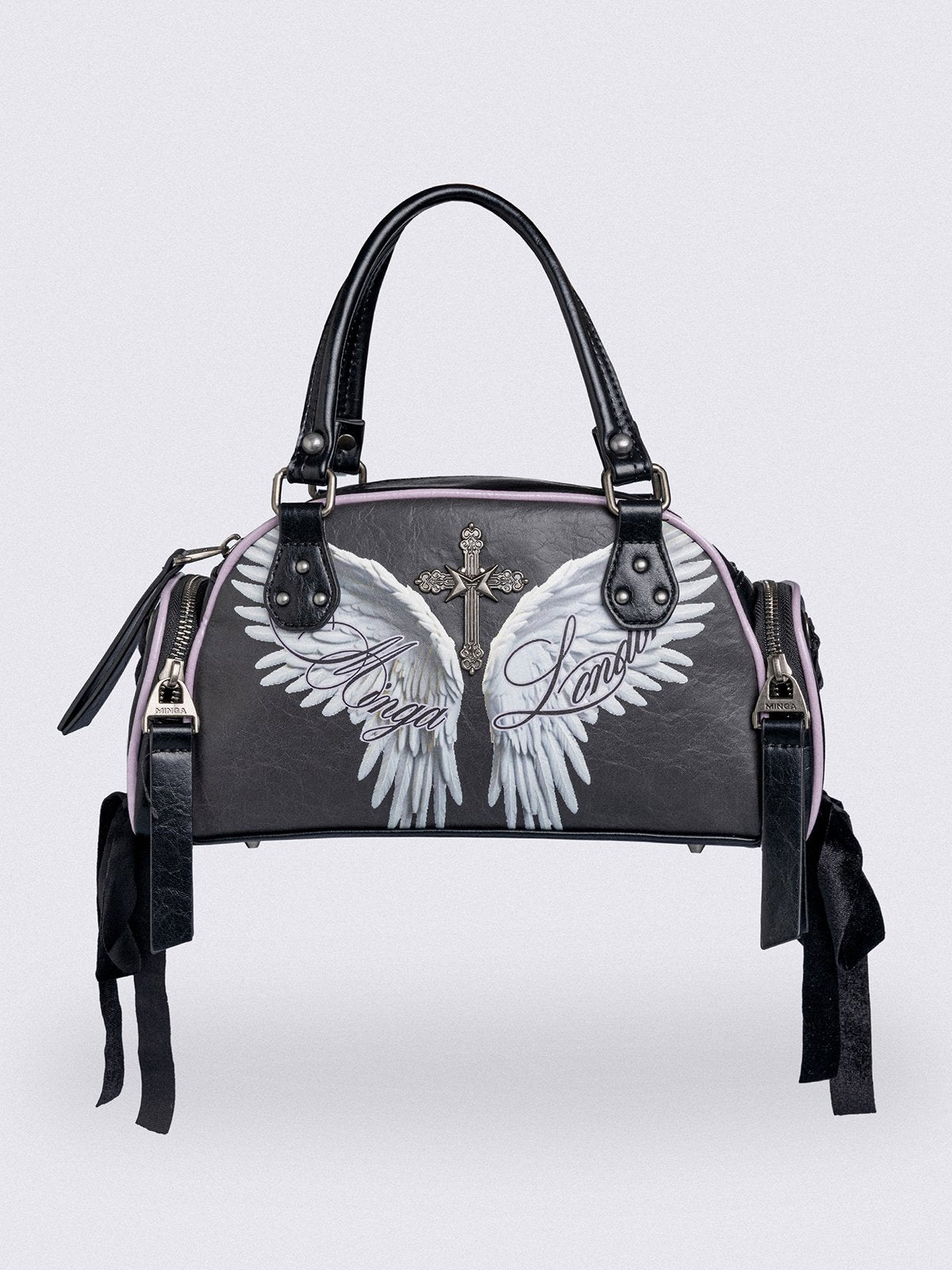 Black bowling bag with white wings graphic print, 3D cross metal stud and side exterior pockets with lace up bows.