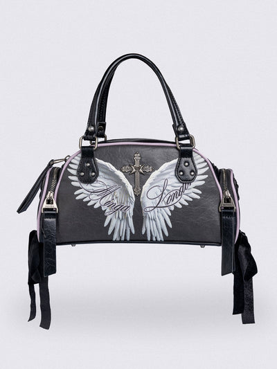 Black bowling bag with white wings graphic print, 3D cross metal stud and side exterior pockets with lace up bows.