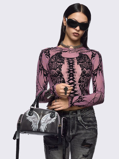 Black bowling bag with white wings graphic print, 3D cross metal stud and side exterior pockets with lace up bows.