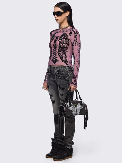 Black bowling bag with white wings graphic print, 3D cross metal stud and side exterior pockets with lace up bows.