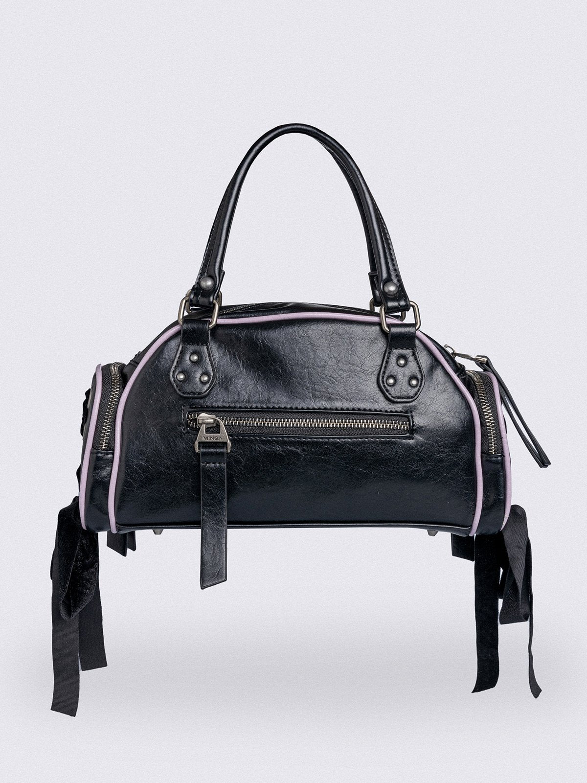 Black bowling bag with white wings graphic print, 3D cross metal stud and side exterior pockets with lace up bows.
