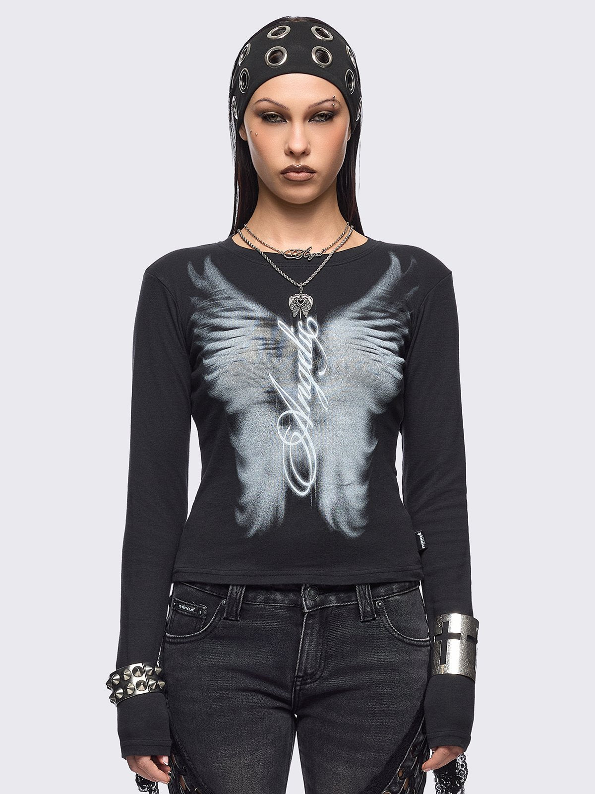 Black long sleeve top featuring an angelic wings graphic front print.