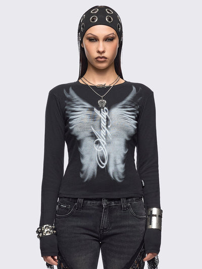 Black long sleeve top featuring an angelic wings graphic front print.