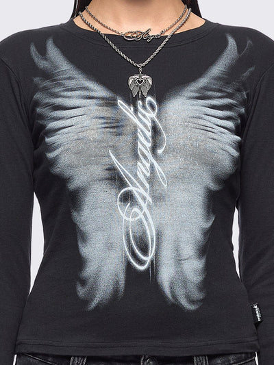 Black long sleeve top featuring an angelic wings graphic front print.