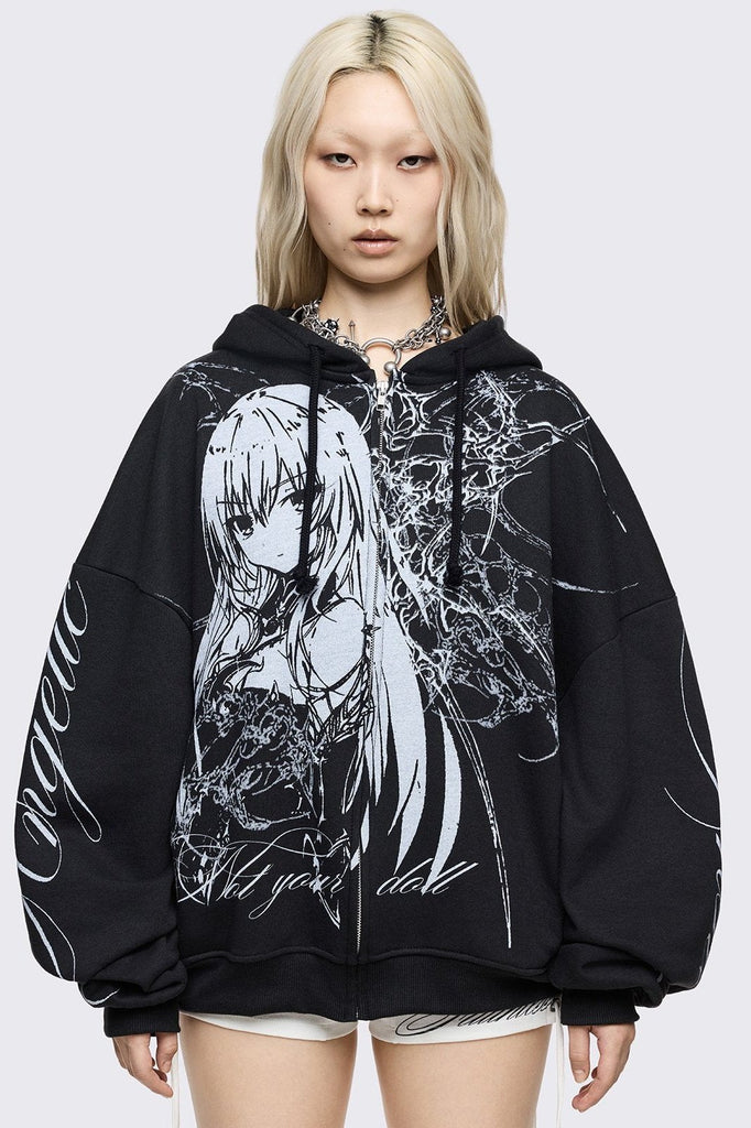 Oversized Black Zip Up Hoodie with Anime Girl Graphic | Minga London