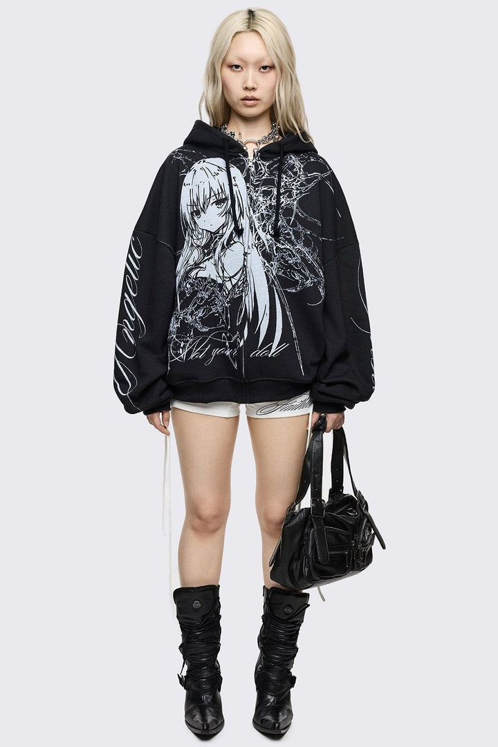Oversized Black Zip Up Hoodie with Anime Girl Graphic | Minga London