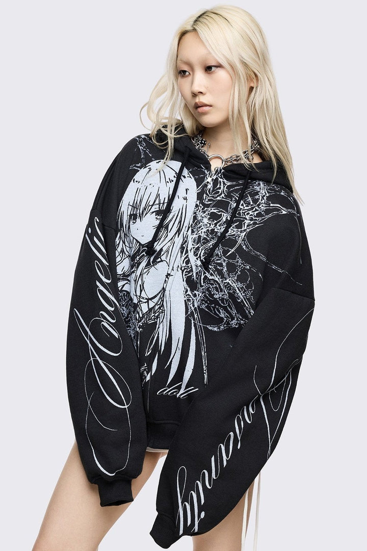 Oversized Black Zip Up Hoodie with Anime Girl Graphic | Minga London
