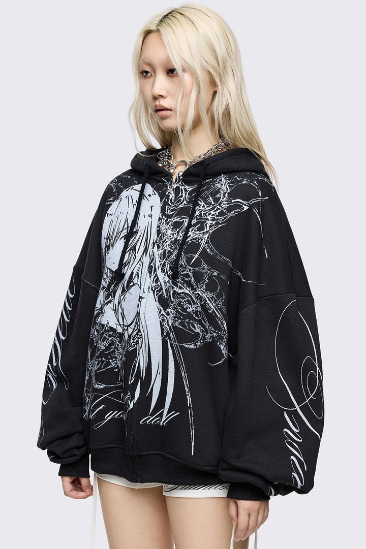 Oversized Black Zip Up Hoodie with Anime Girl Graphic | Minga London