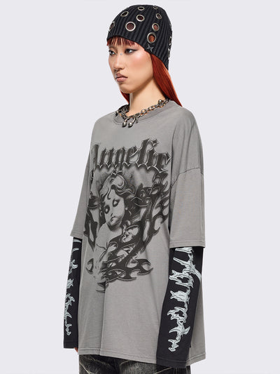 Grey layered long sleeve t-shirt with angelic graphic front print and contrast black sleeves with sigilism print.