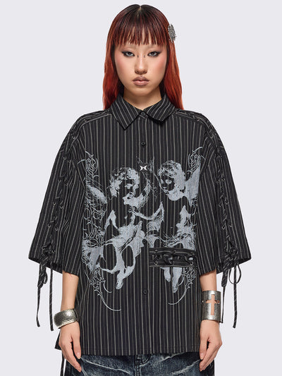 Black pinstriped shirt with white angels graphic front print and laced up details.