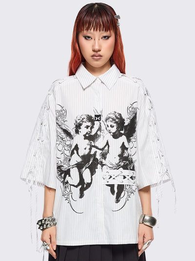 White striped short sleeve shirt featuring a black angels graphic front print and laced up details.