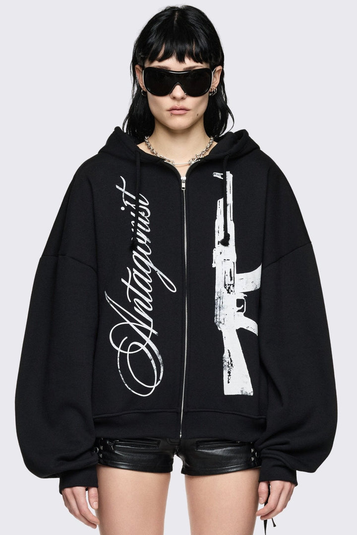 Oversized Black Zip Up Hoodie with Graphic Print | Minga London