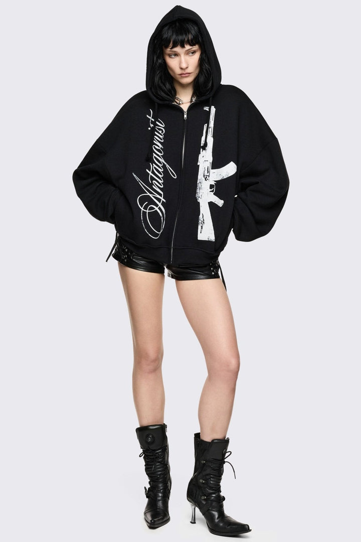 Oversized Black Zip Up Hoodie with Graphic Print | Minga London