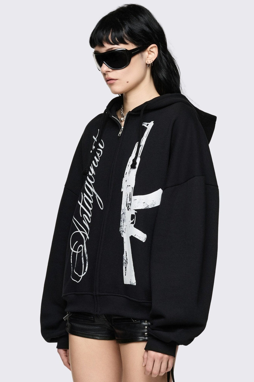 Oversized Black Zip Up Hoodie with Graphic Print | Minga London