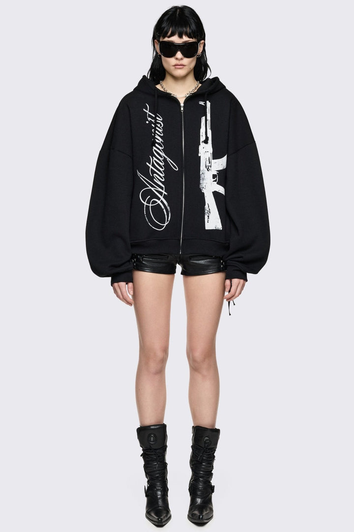 Oversized Black Zip Up Hoodie with Graphic Print | Minga London