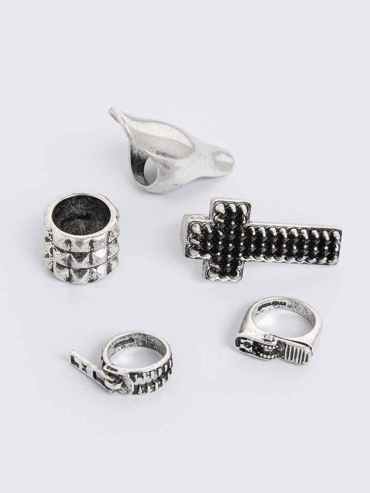 5 Pc Silver Ring Set - Crosses, Spikers, Studs | Minga London